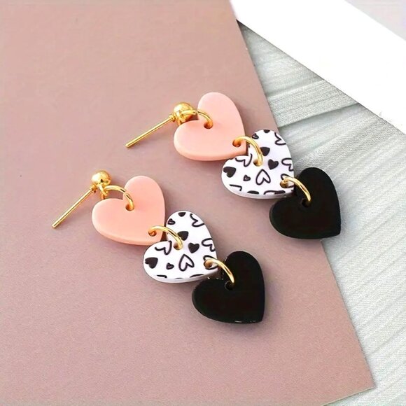 Triple Heart Drop Earrings With Pink White & Black Hearts‎ - Picture 2 of 3